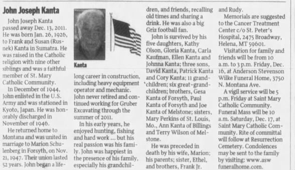 Obituary for John Joseph Kanta, 1926-2011